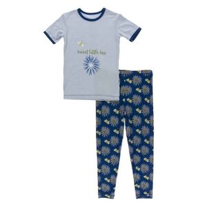 Kickee Pants Short Sleeve Pajama Set, Navy Cornflower & Bee, 3T